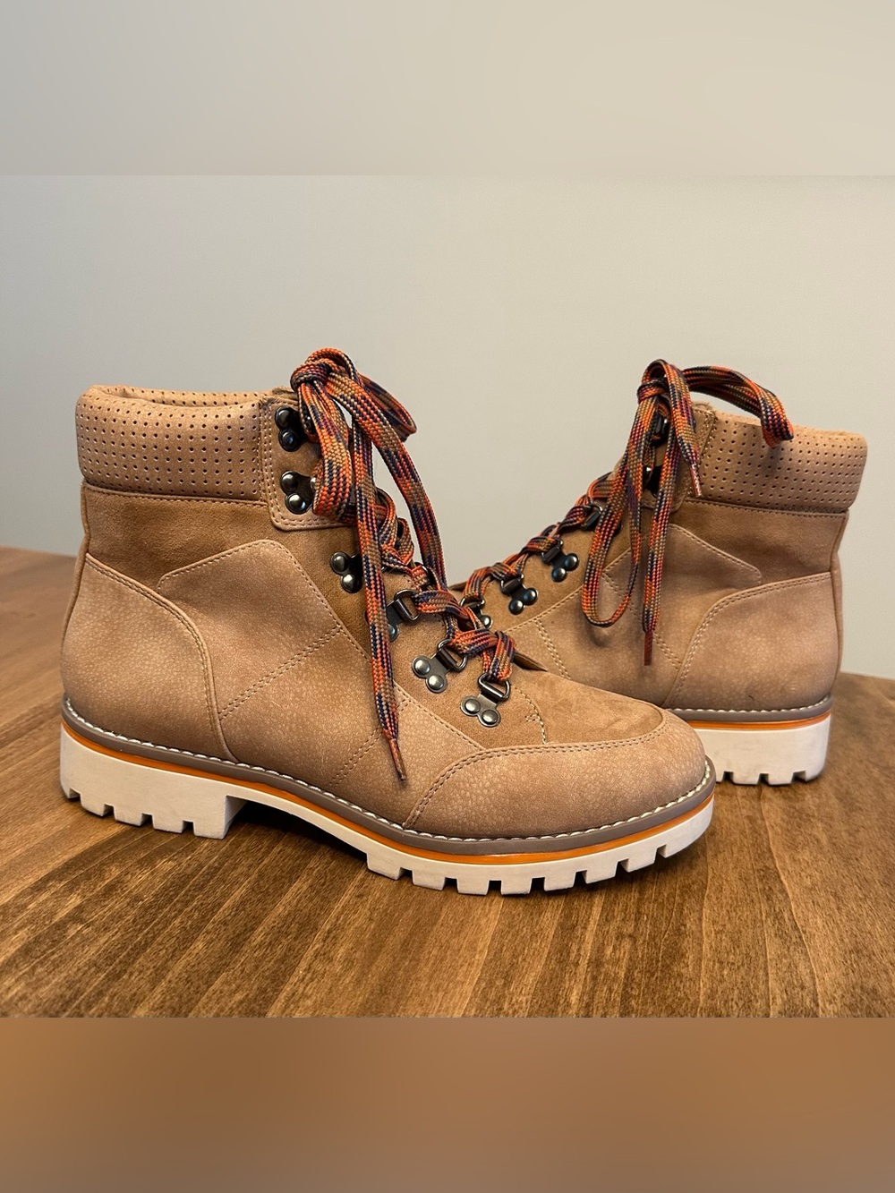 Crown Vintage Tan Suede Lace-Up Boots with Multicolor Hiking Laces